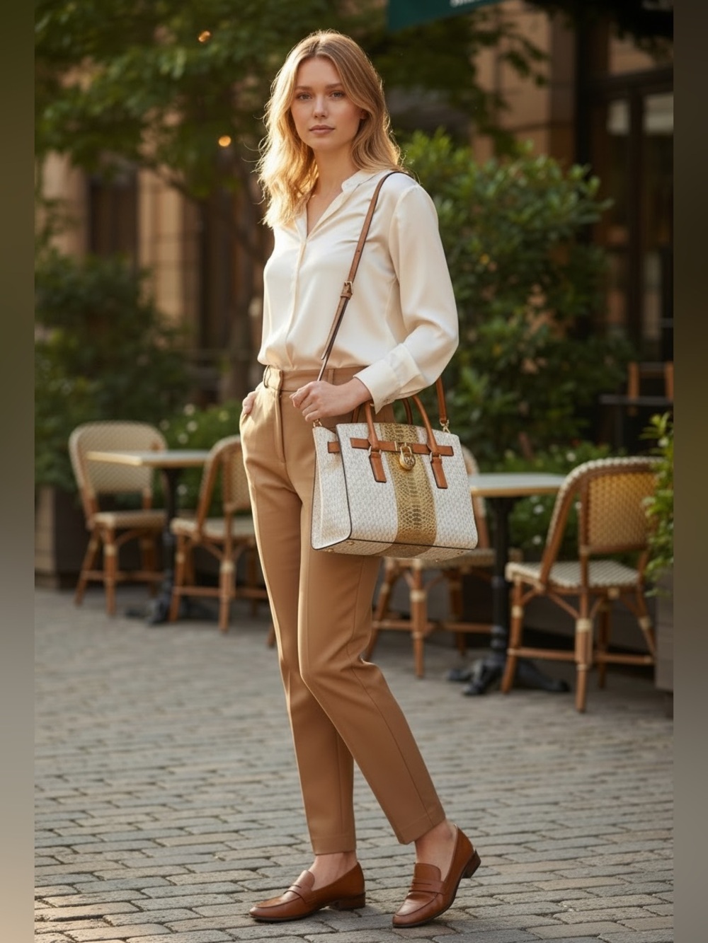 Michael Kors Hamilton Tan Leather Satchel w/ Metallic Gold Python Center Stripe